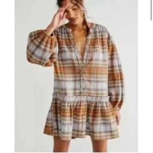 FREE PEOPLE Alexa Plaid Mini Dress in Snow Bird Sz XS oversized anthropologie